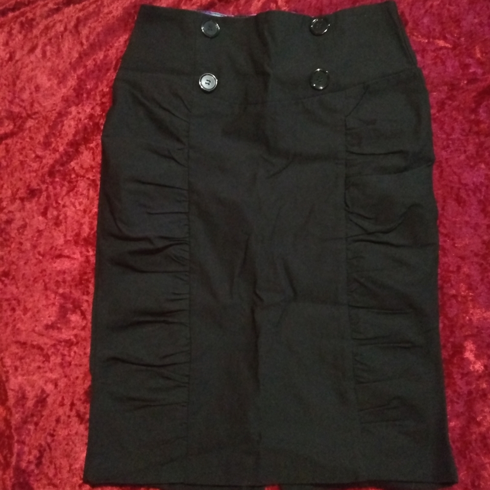 Black Stretch Pencil Skirt with Button Accents